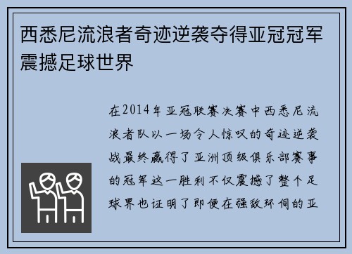 西悉尼流浪者奇迹逆袭夺得亚冠冠军震撼足球世界 西悉尼流浪者奇迹逆袭夺得亚冠冠军震撼足球世界